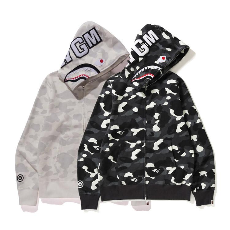 Bathing Ape Hoodie Black and White Luminous Shark Coat Looped Fabric Hooded Shark Sweater Shark Embroidered Hoodie