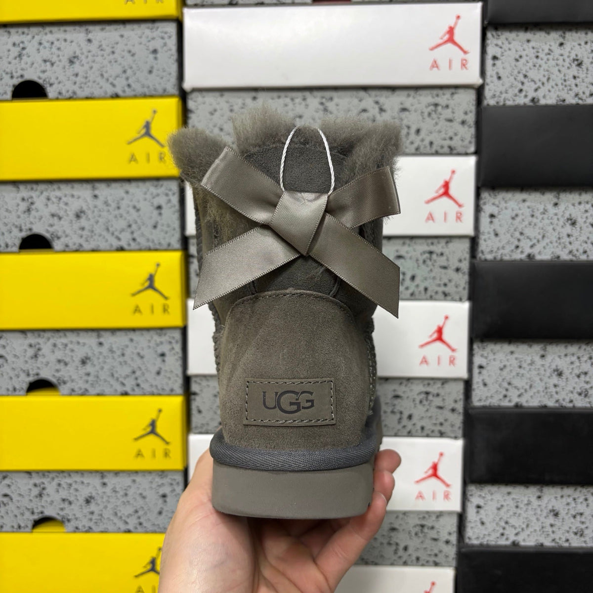 UGG Mini Bailey Bow Ankle Boot – Suede Boot with Tonal Grey Shearling Lining, Grey Satin Bow & Grey Lug Sole in Grey