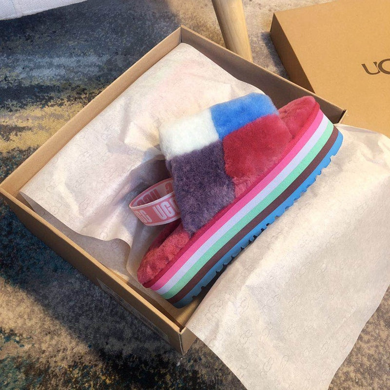 Rose Red Color-Block Fluffy Platform Sandals — New Arrival | In Stock