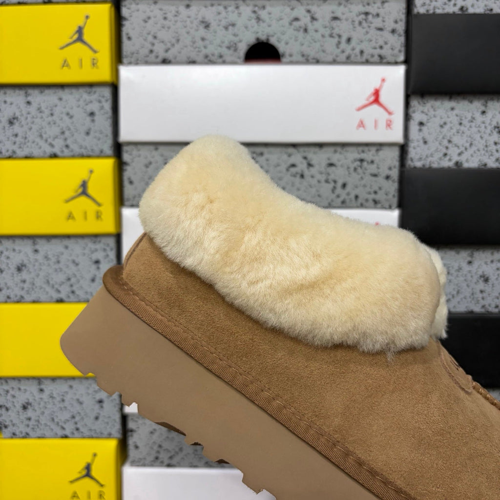 UGG Tazz Platform Slipper Boot with Cream Shearling Collar, Moccasin Toe Stitch & UGG Badge in Chestnut