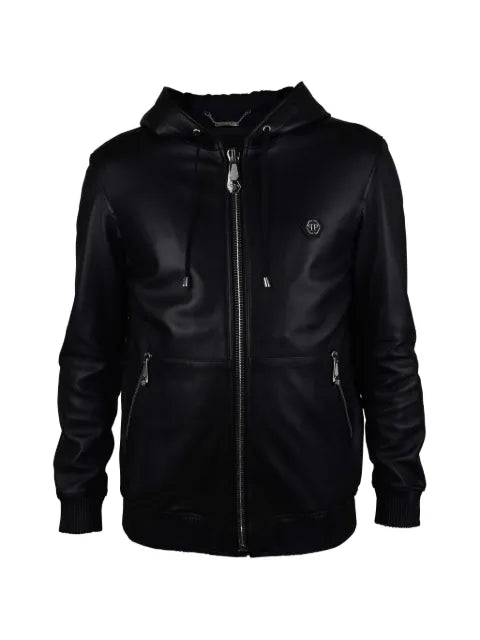 Philipp Plein hooded logo leather jacket