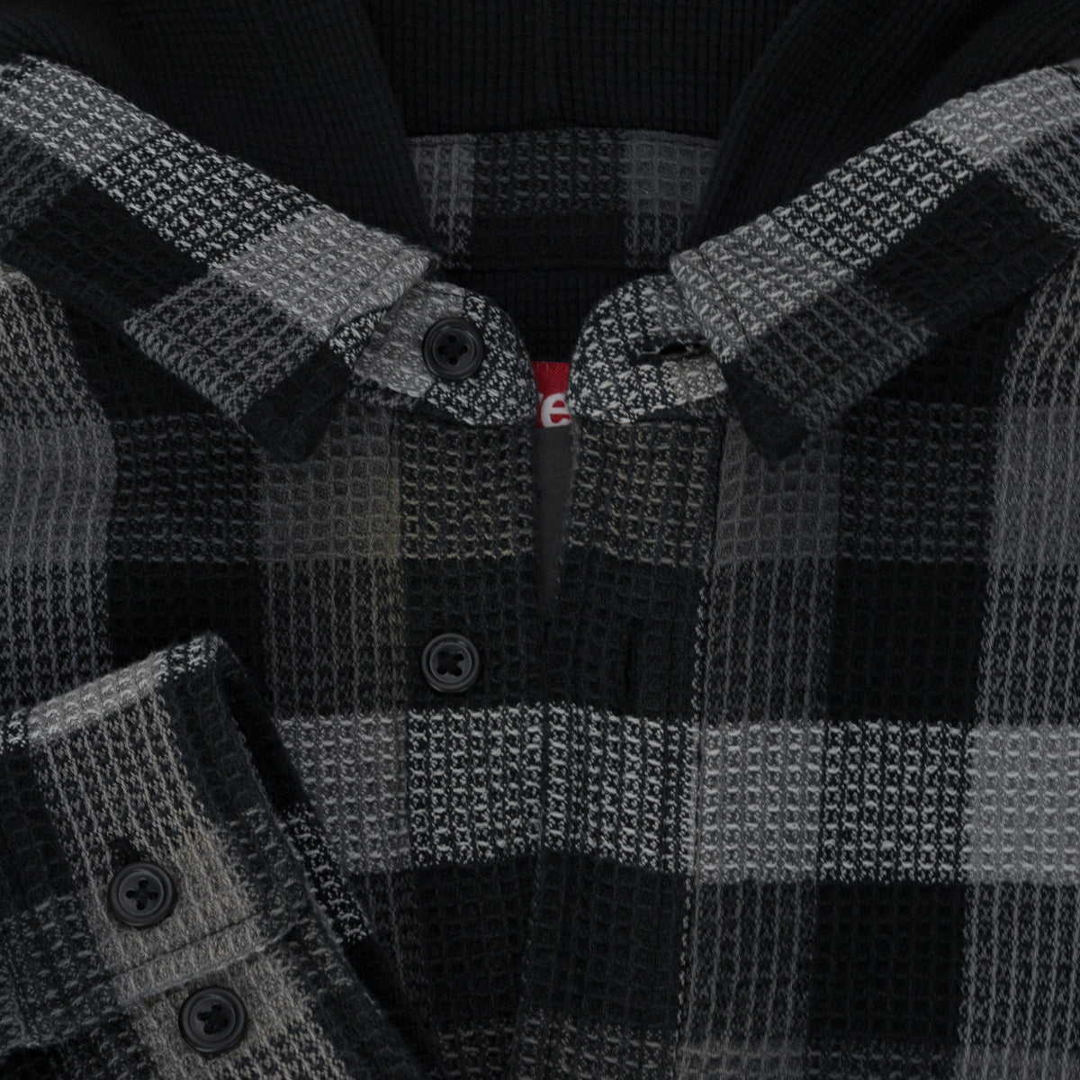 Black Multicolor Plaid Waffle Hooded Jacket