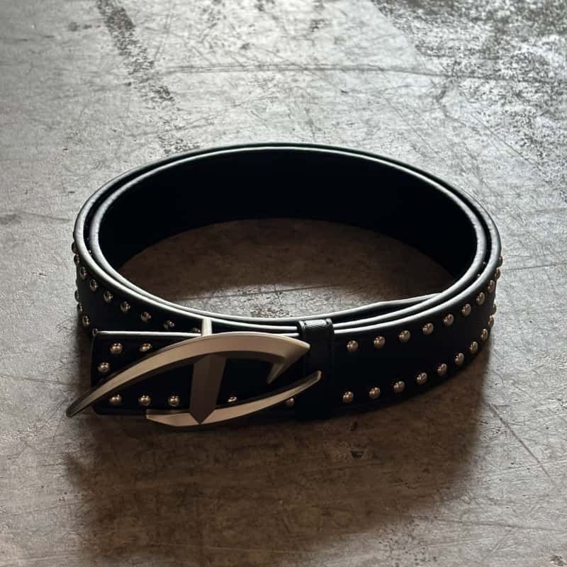 Studded Leather Belt Abstract Angular Metal Buckle Black Unisex Waist