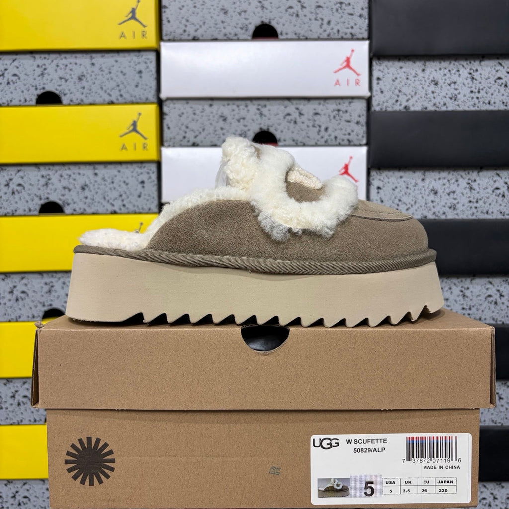 UGG Scufette Women's Shearling Platform Slide – Suede Slipper with Fluffy Shearling Strap, Shearling-Lined Footbed & Chunky Serrated Platform Sole in Sand