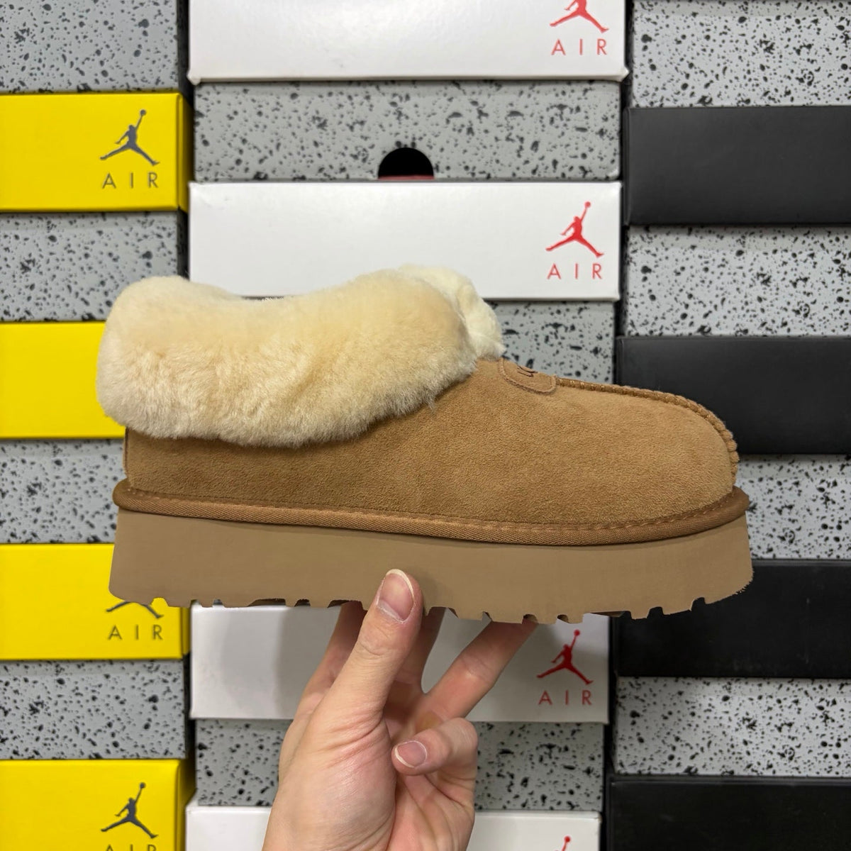 UGG Tazz Platform Slipper Boot with Cream Shearling Collar, Moccasin Toe Stitch & UGG Badge in Chestnut