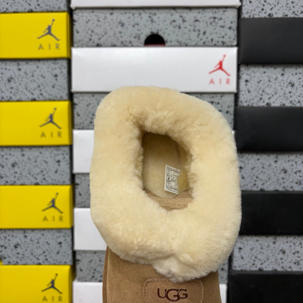 UGG Tazz Platform Slipper Boot with Cream Shearling Collar, Moccasin Toe Stitch & UGG Badge in Chestnut