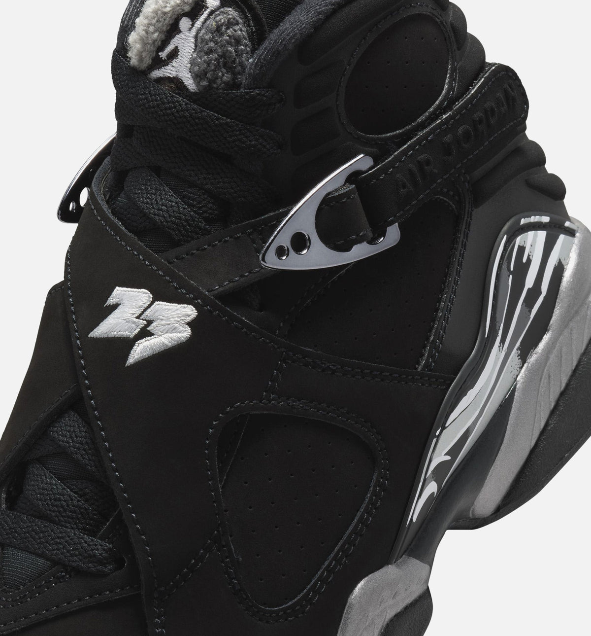 Air Jordan 8 Retro Chrome Black and Light Graphite Grade School Sneakers - Black/White/Light Graphite
