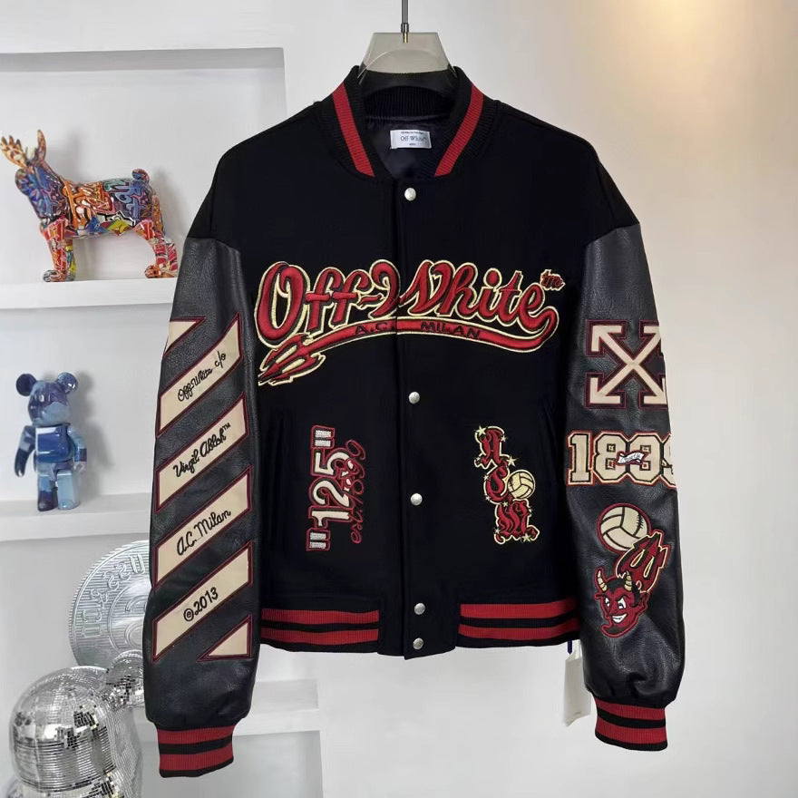 Off-White Cartoon Devil Graphic Varsity Jacket Unisex