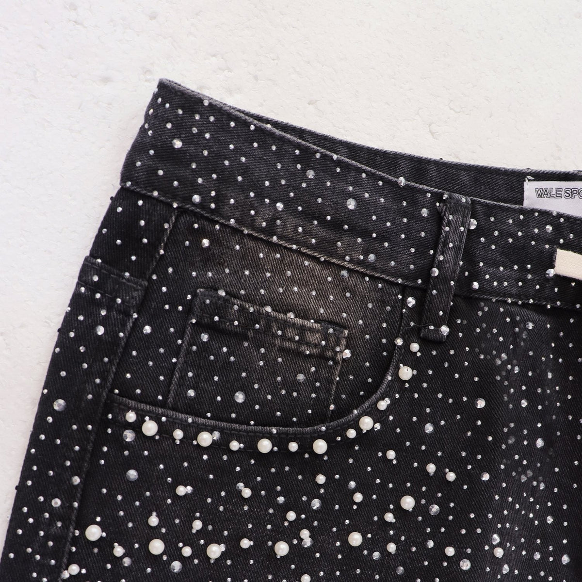 VALE Pearl-Studded Washed Denim Shorts