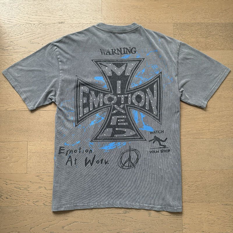 MIXED EMOTION Washed Gray Rhinestone Graphic T-Shirt