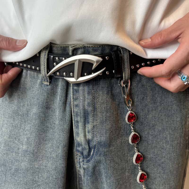 Studded Leather Belt Abstract Angular Metal Buckle Black Unisex Waist