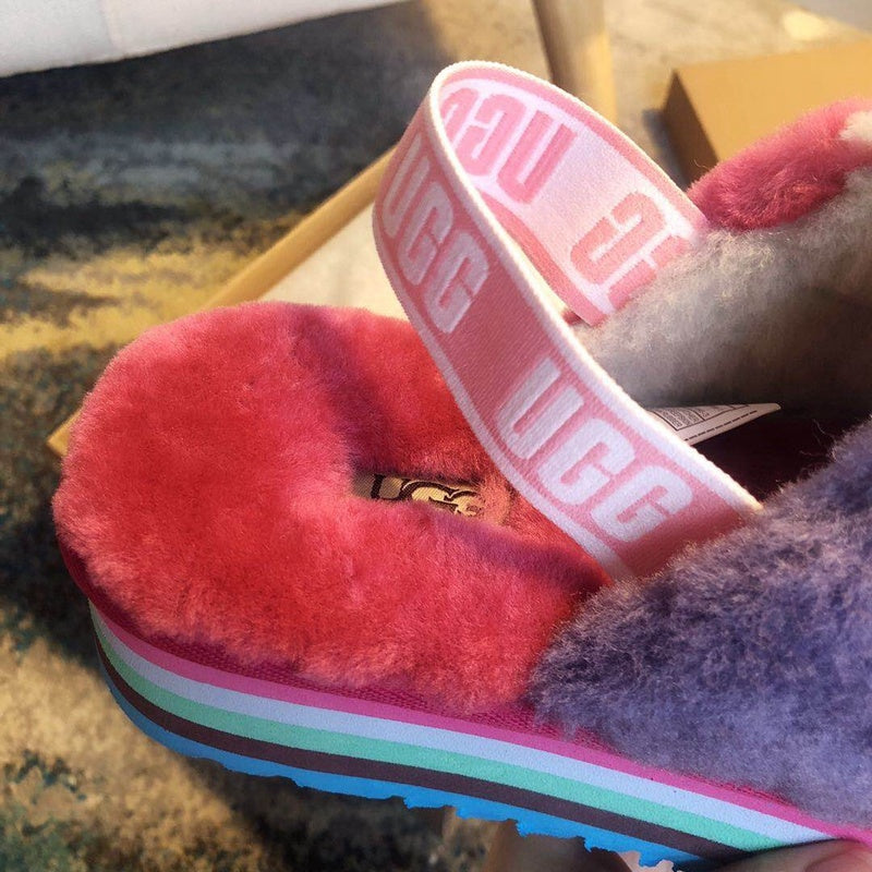 Rose Red Color-Block Fluffy Platform Sandals — New Arrival | In Stock