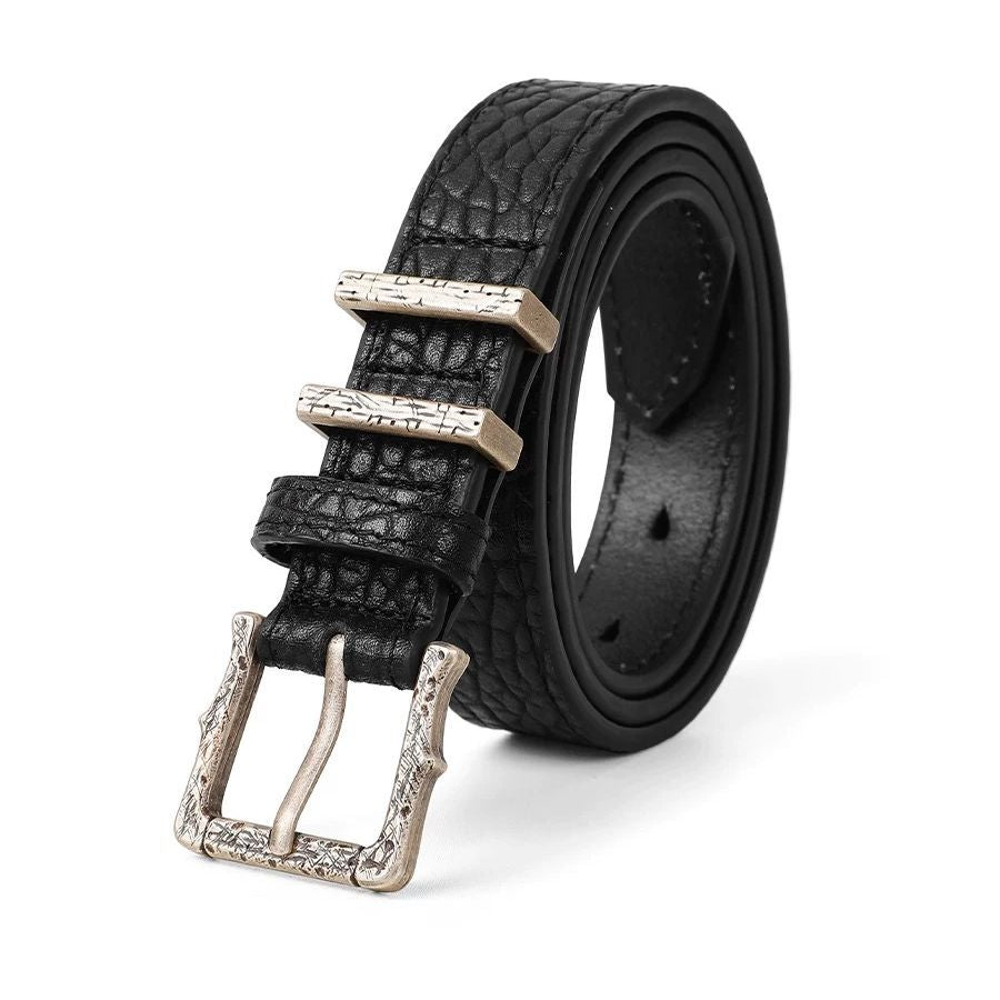 FDM Wave Vintage Antique Silver Buckle Full Grain Leather Belt Unisex