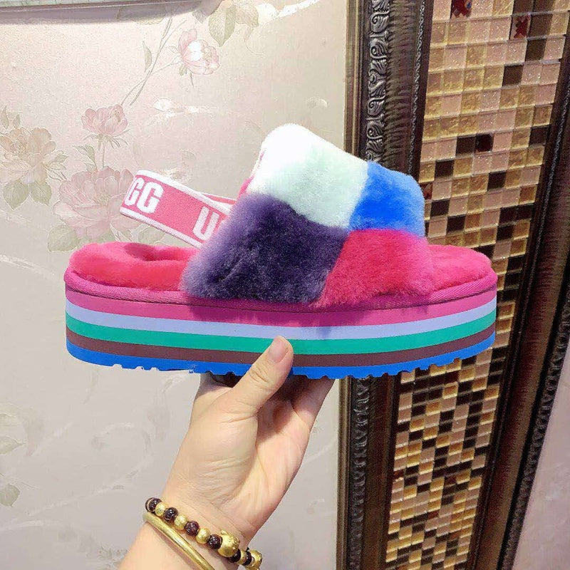 Rose Red Color-Block Fluffy Platform Sandals — New Arrival | In Stock