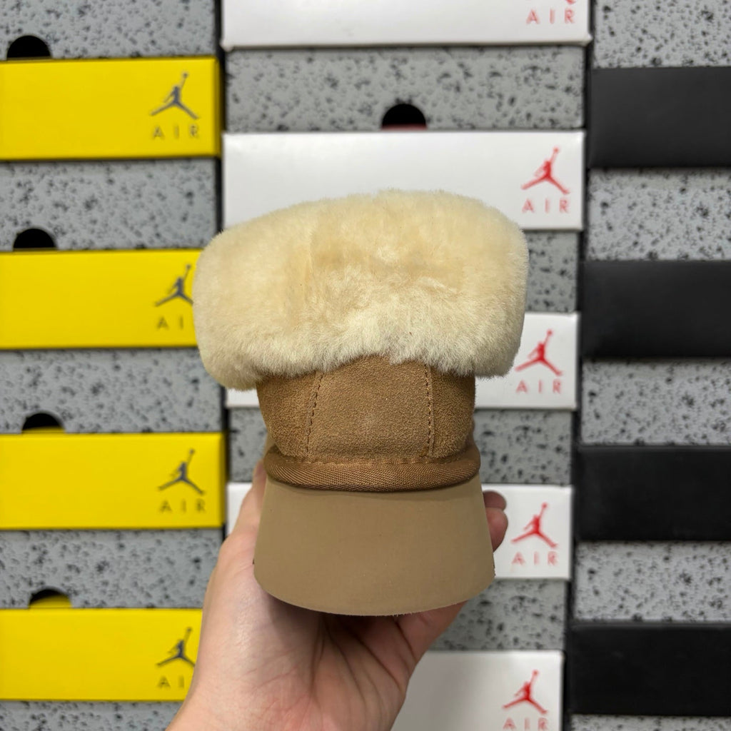 UGG Tazz Platform Slipper Boot with Cream Shearling Collar, Moccasin Toe Stitch & UGG Badge in Chestnut