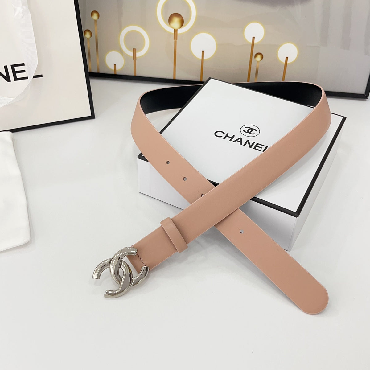 CHANEL DOUBLE C BELT 30MM IN BABY PINK CALFSKIN WITH SHINY SILVER BUCKLE