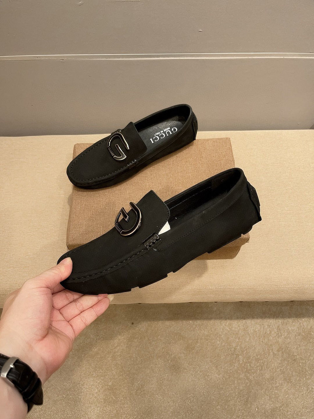 Gucci Men's Black Metal-Detail Loafers - Driving-Style Rubber Sole