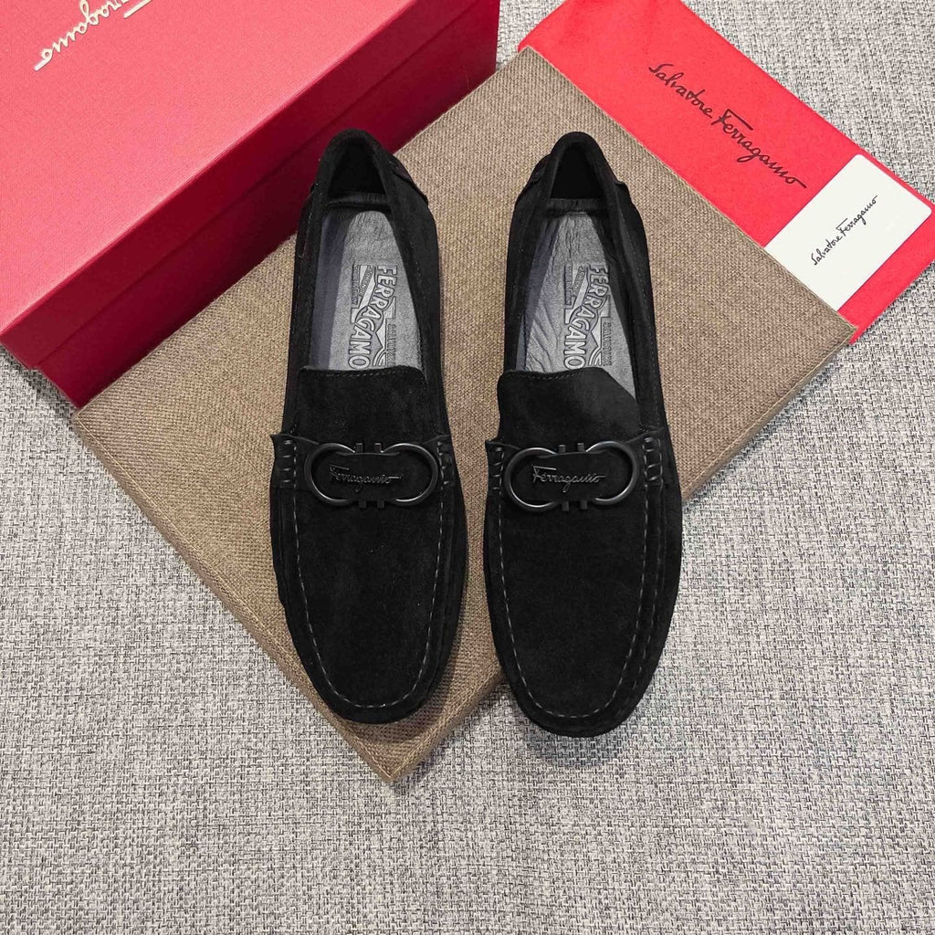 Ferragamo Men's Black Buckle Loafers - Textured Rubber Outsole