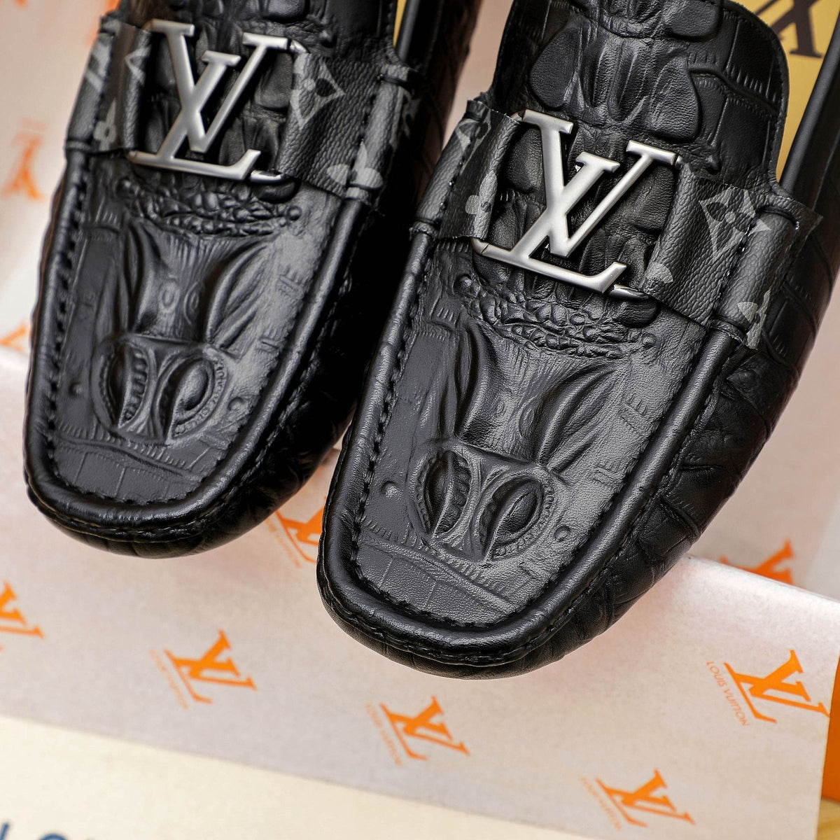 Louis Vuitton Black Embossed Driving Loafers - Leather Lining