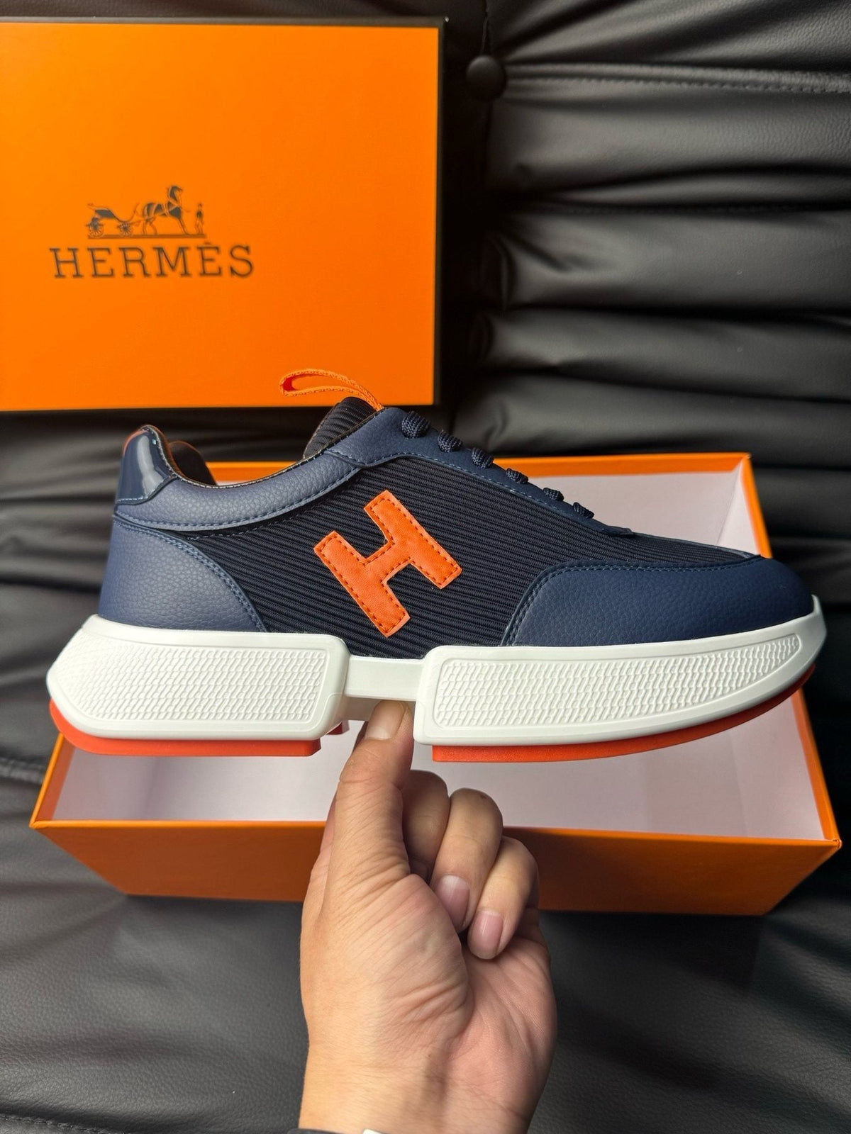 Hermès Navy Orange H-Detail Sneakers