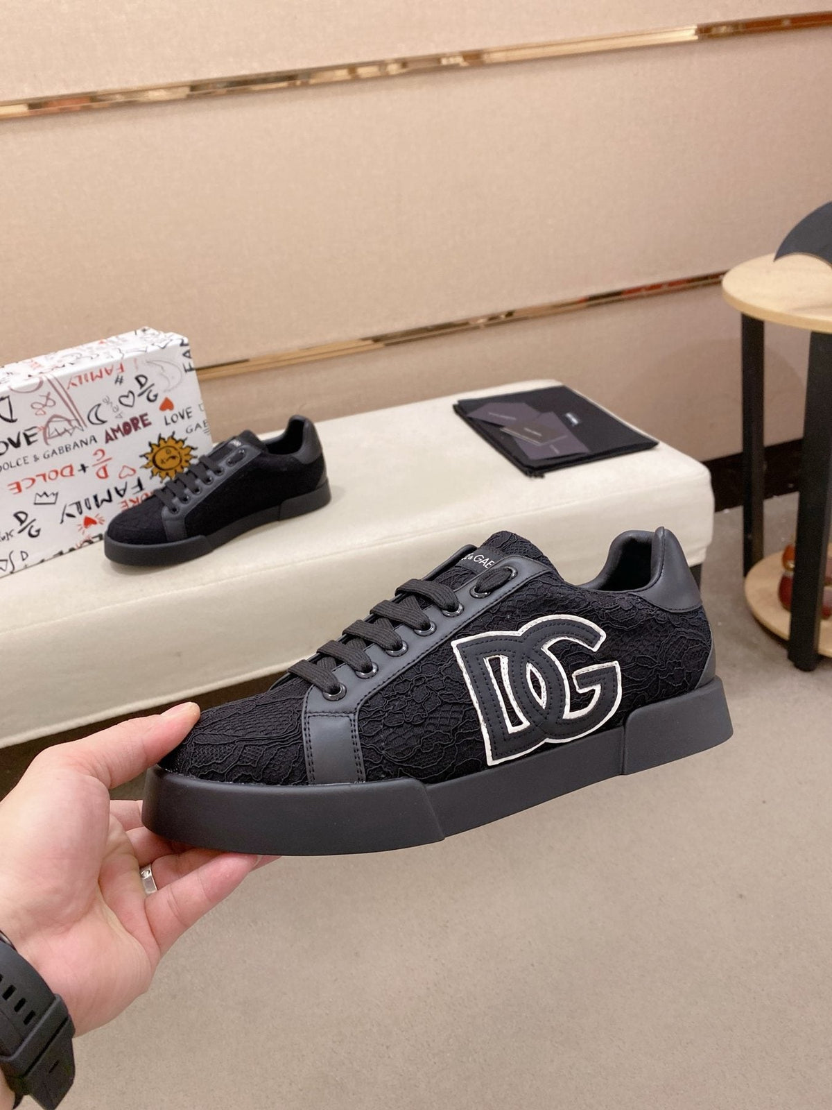 Dolce & Gabbana Men's Black Logo Low-Top Sneakers - Dark Rubber Sole