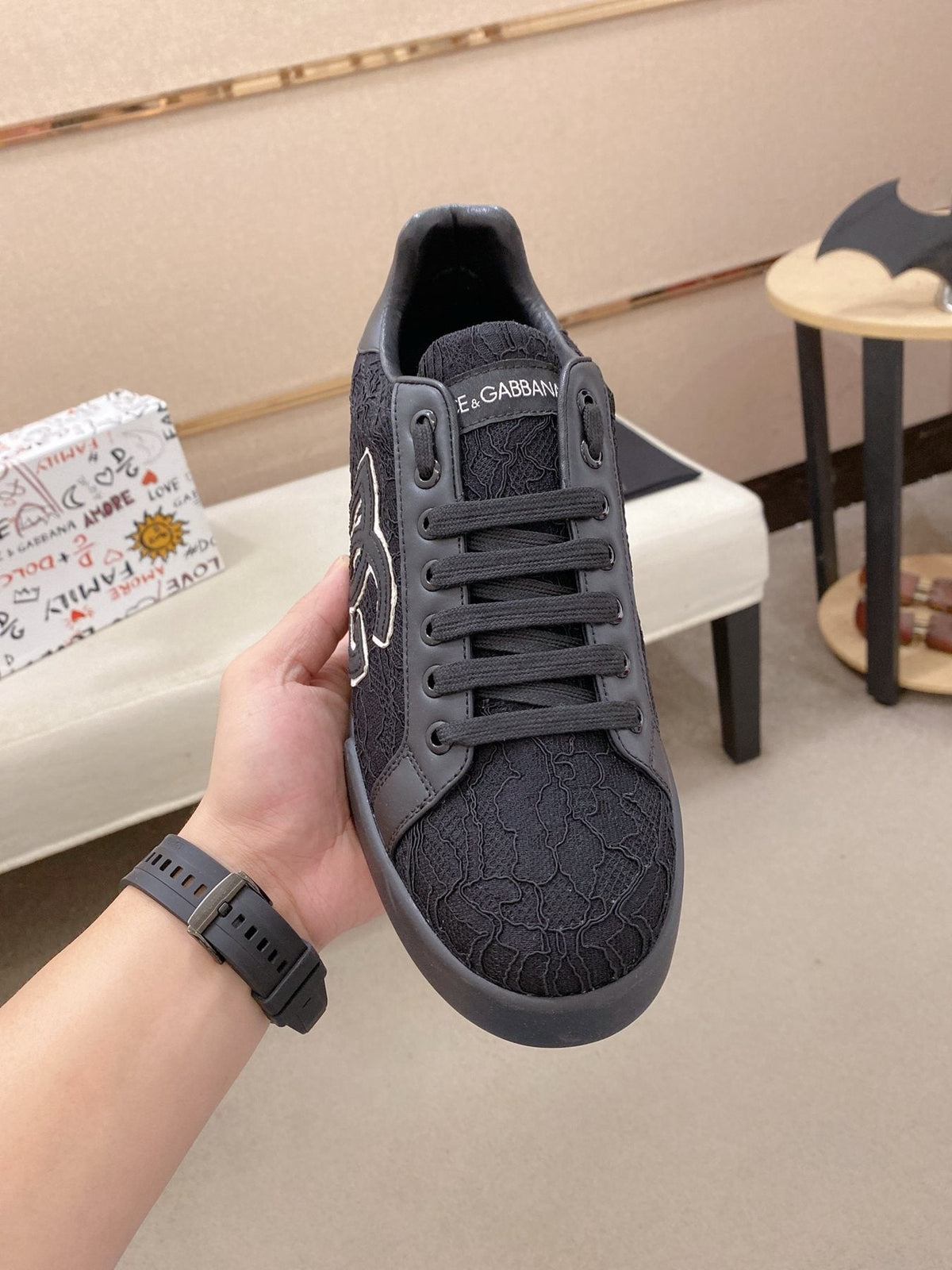 Dolce & Gabbana Men's Black Logo Low-Top Sneakers - Dark Rubber Sole