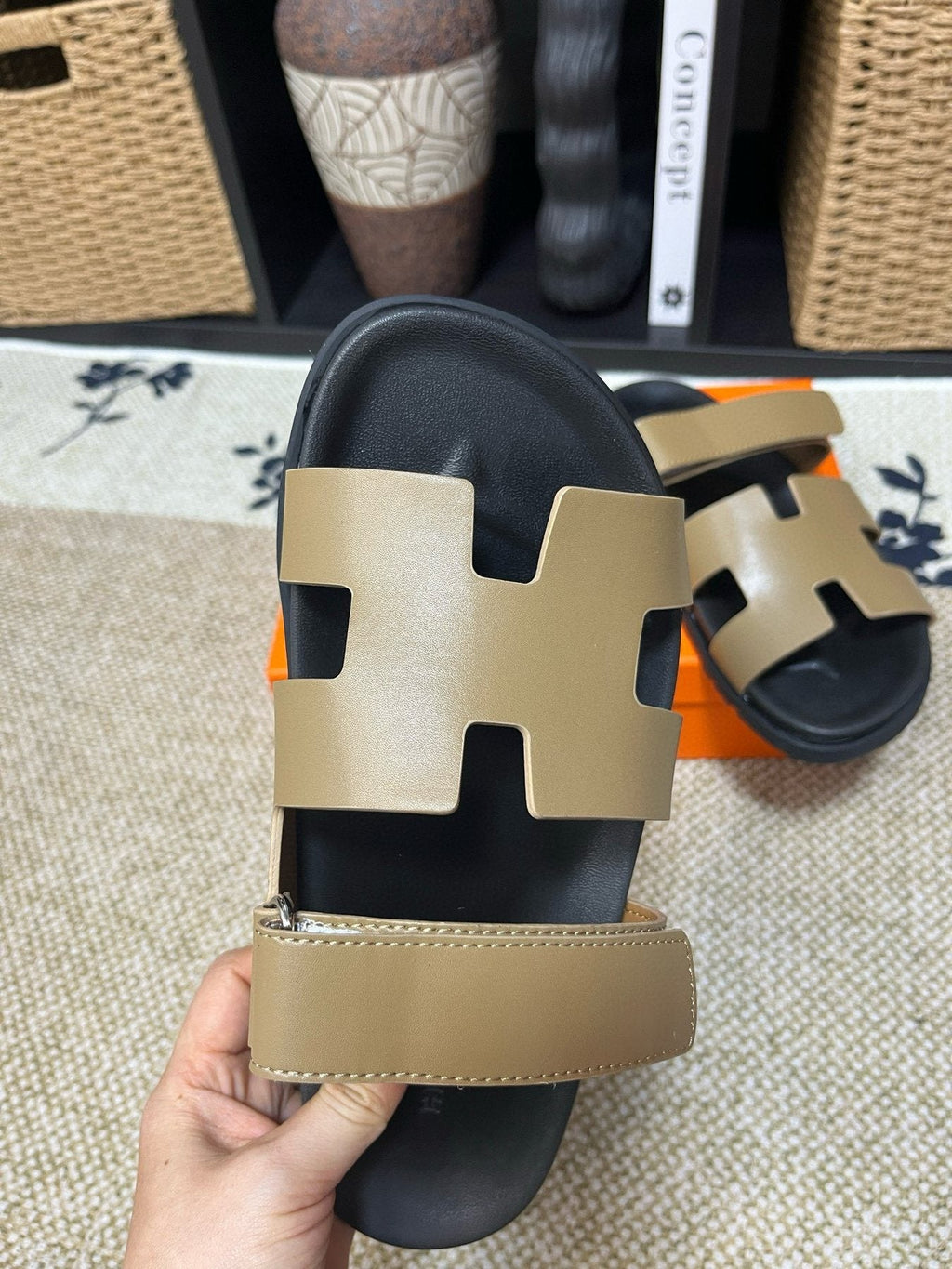 Hermes Men's Kazimir Tan and Black Slide Sandals