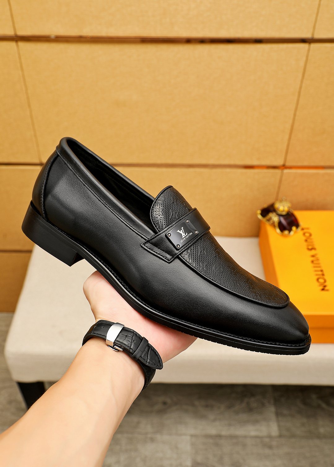 Louis Vuitton Men's Black Embossed Loafers - Rounded Toe