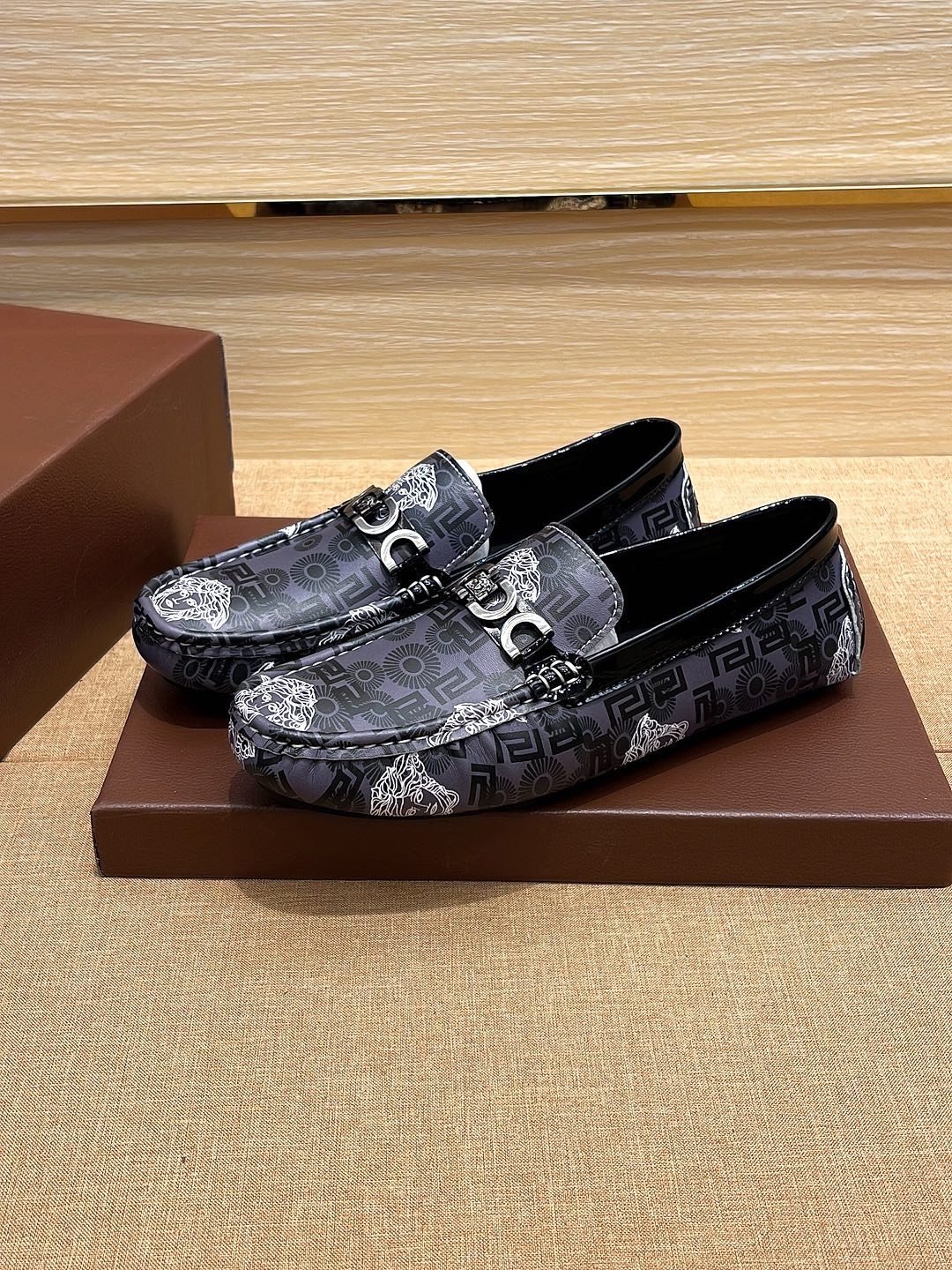 Versace Black and Gray Patterned Loafers