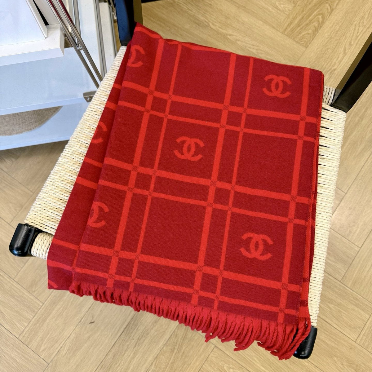 Chanel Burgundy Red Logo Check Scarf