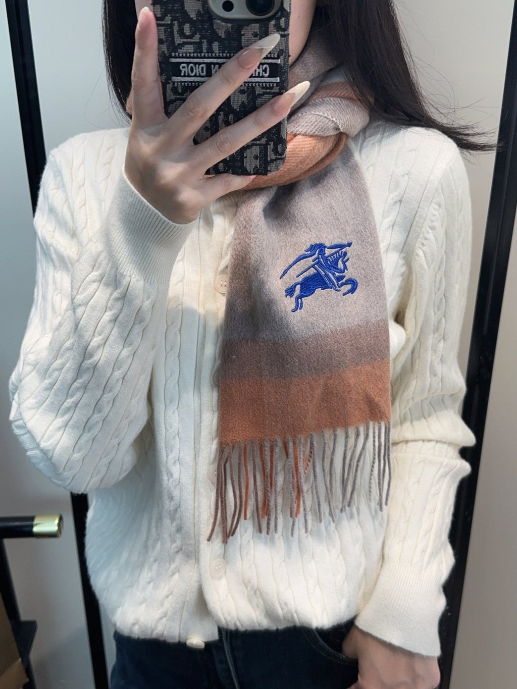 Burberry Taupe Plaid Fringed Scarf