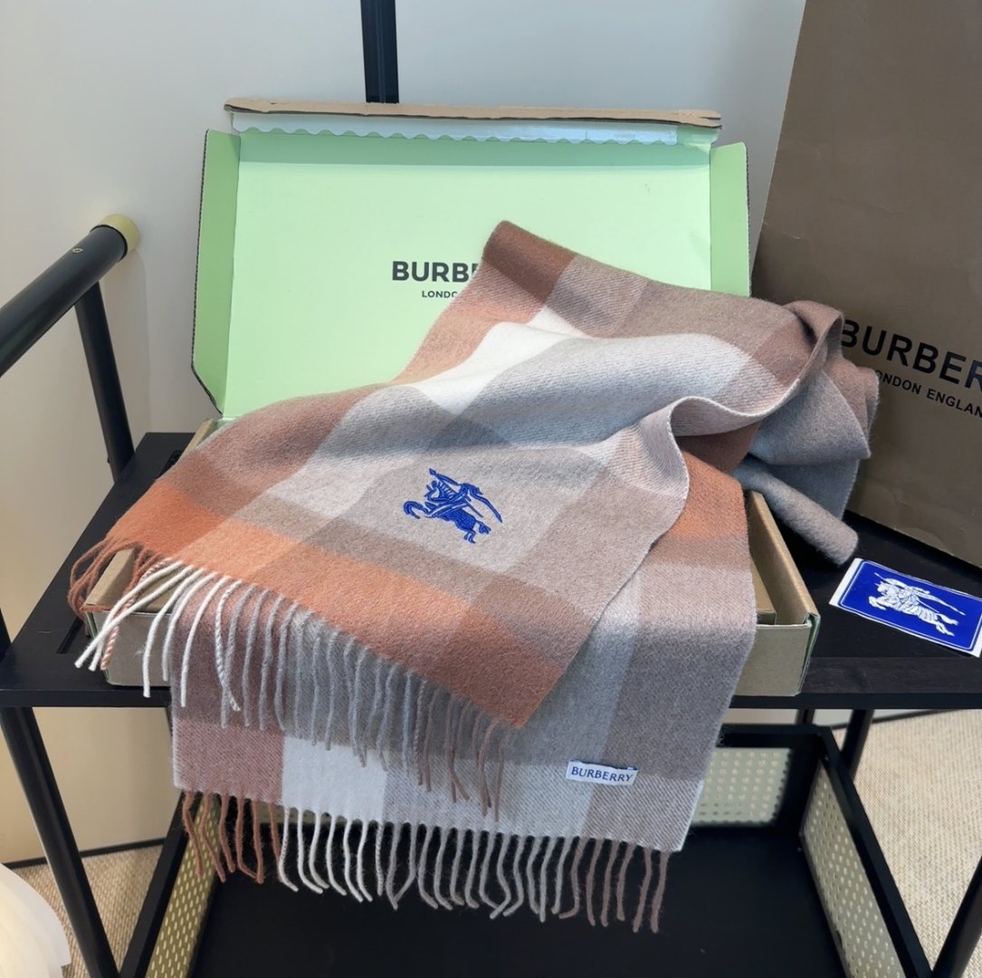 Burberry Taupe Plaid Fringed Scarf