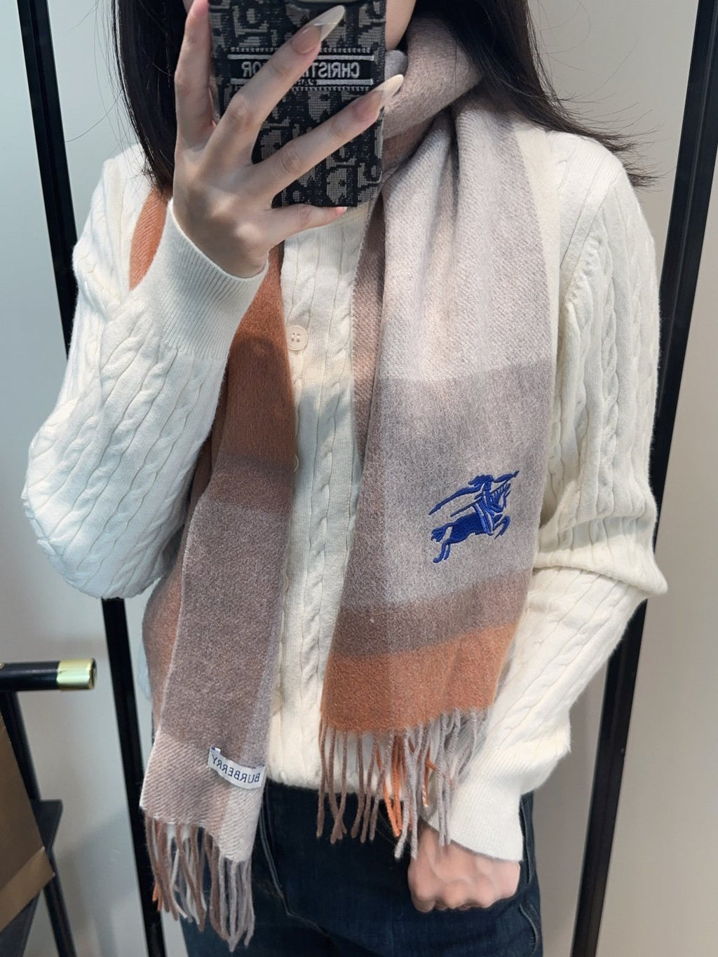 Burberry Taupe Plaid Fringed Scarf
