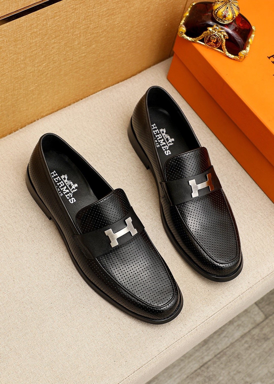 Hermès Black Perforated H-Hardware Loafers