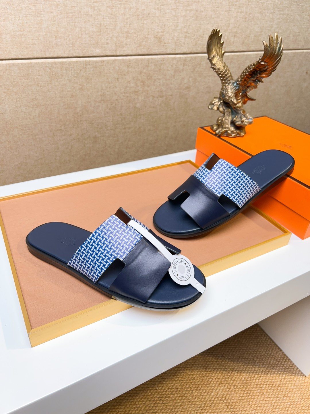 Hermès Blue Patterned H Slide Sandals