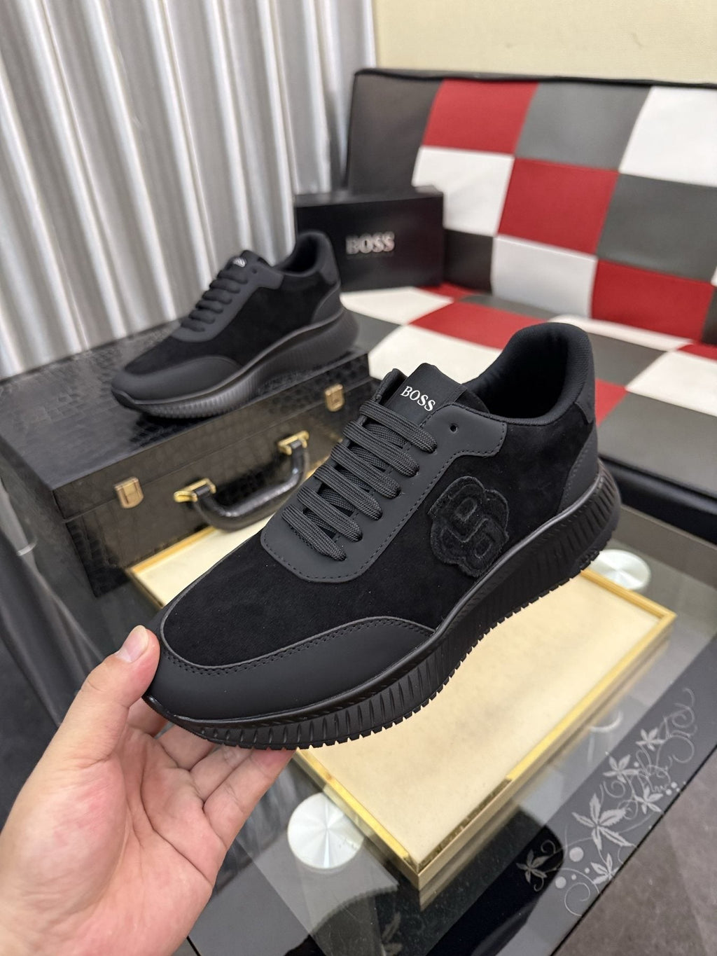 BOSS Men's Black Low-Top Sneakers - Lace-Up Closure