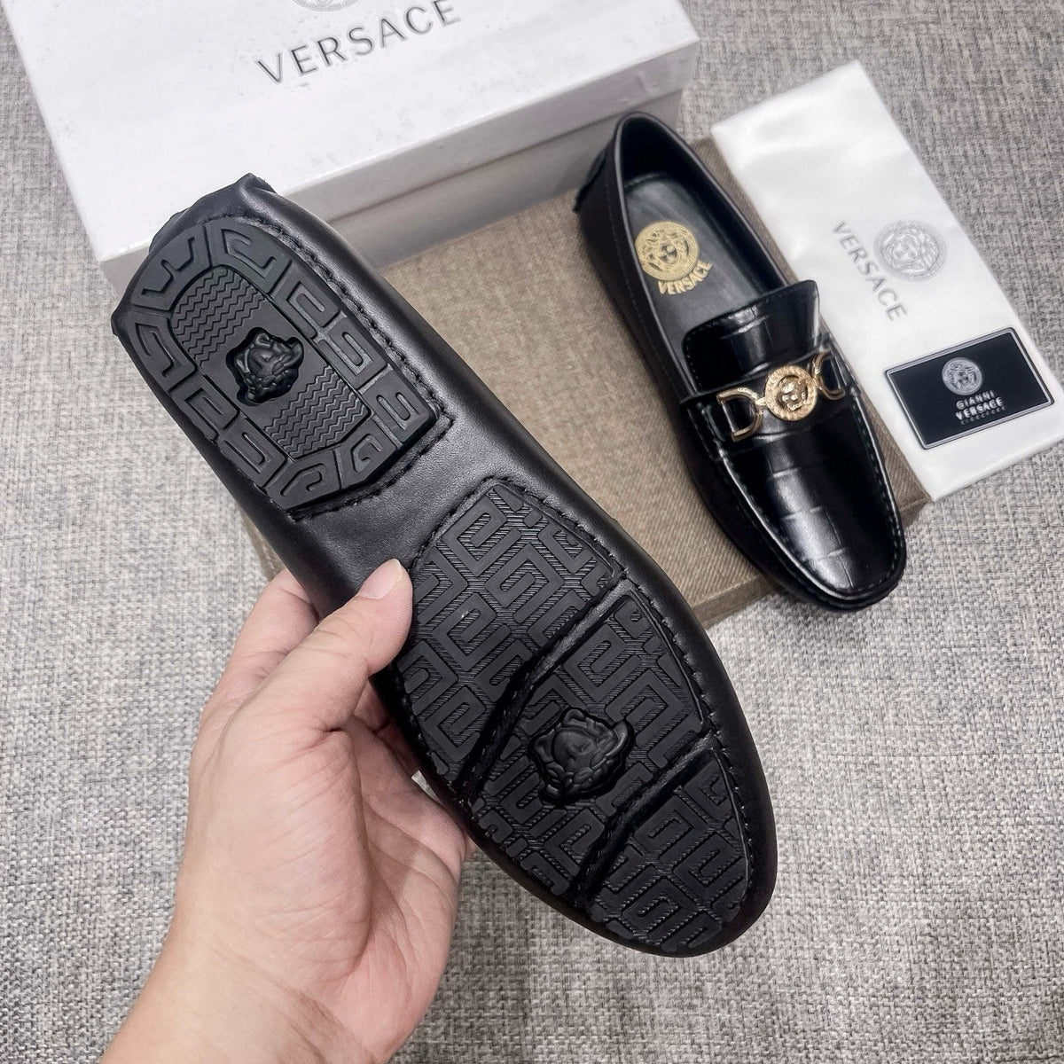 Versace Men's Black Gold-Tone Hardware Loafers - Stitched Toe Detail