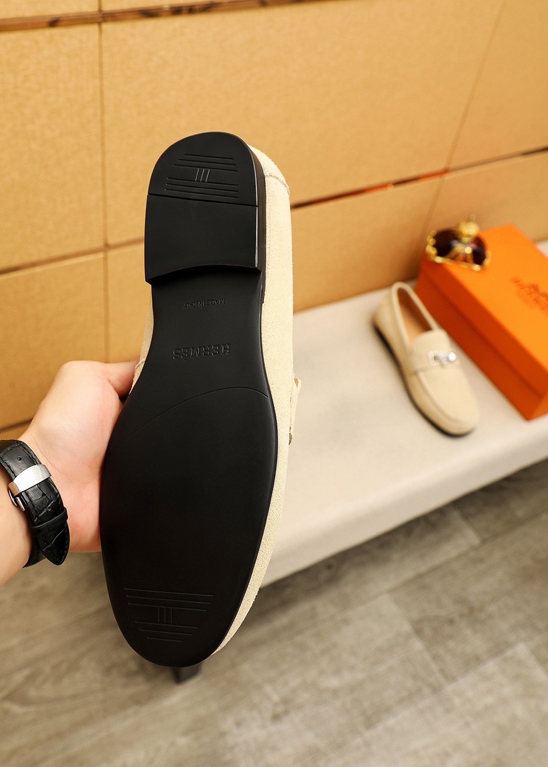 Hermès Suede-Finish Buckle Loafers