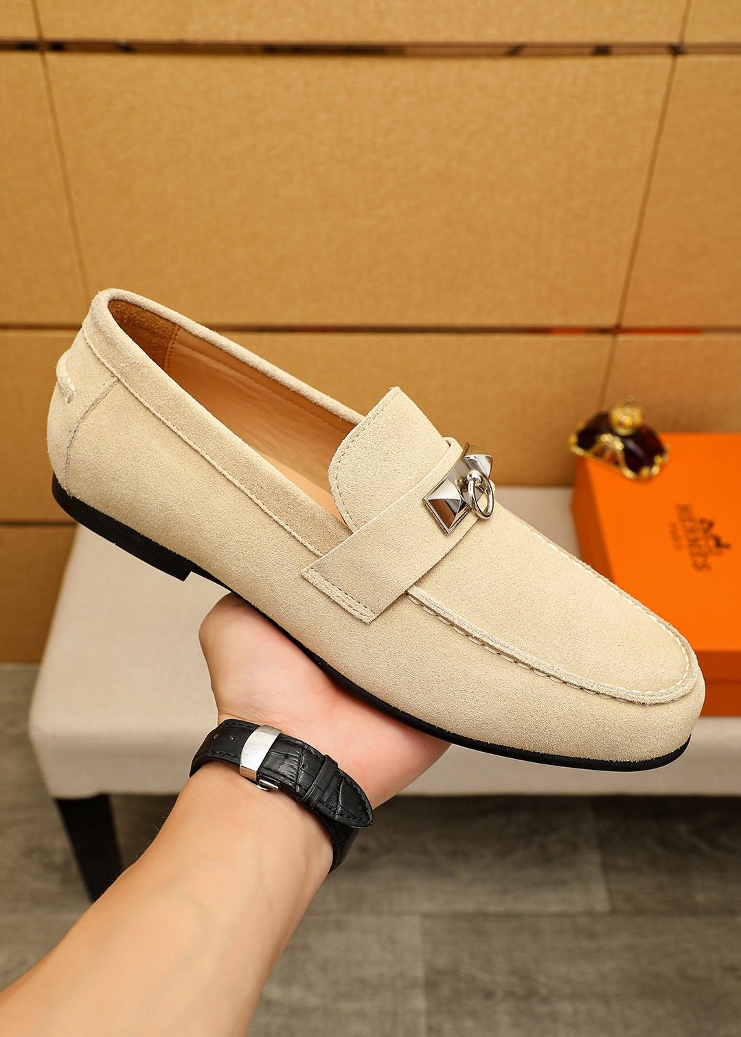 Hermès Suede-Finish Buckle Loafers