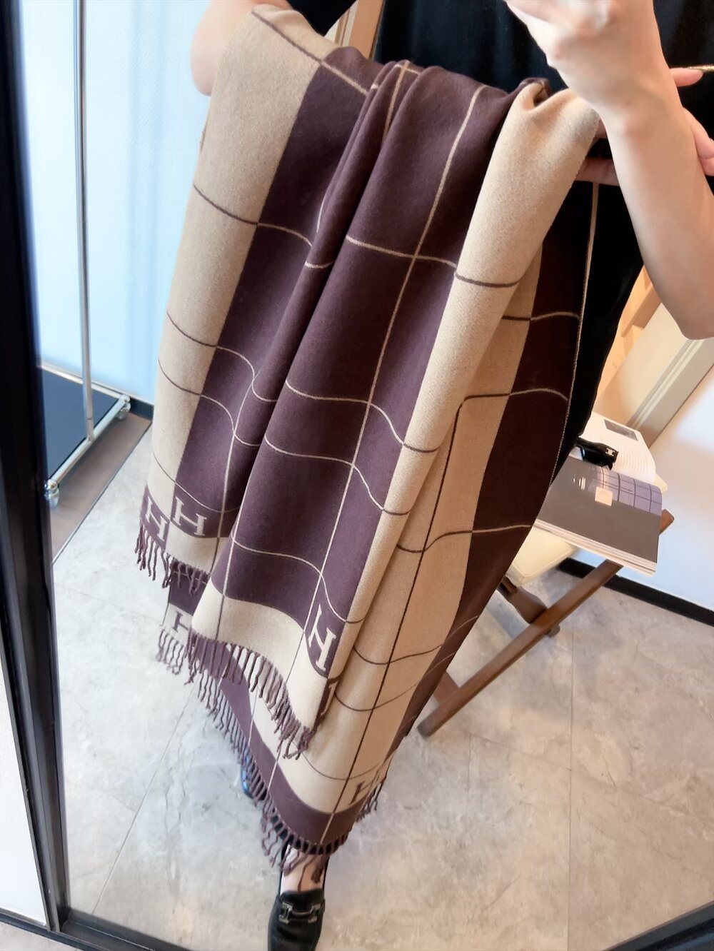 Hermes Fringed Grid Motif Scarf