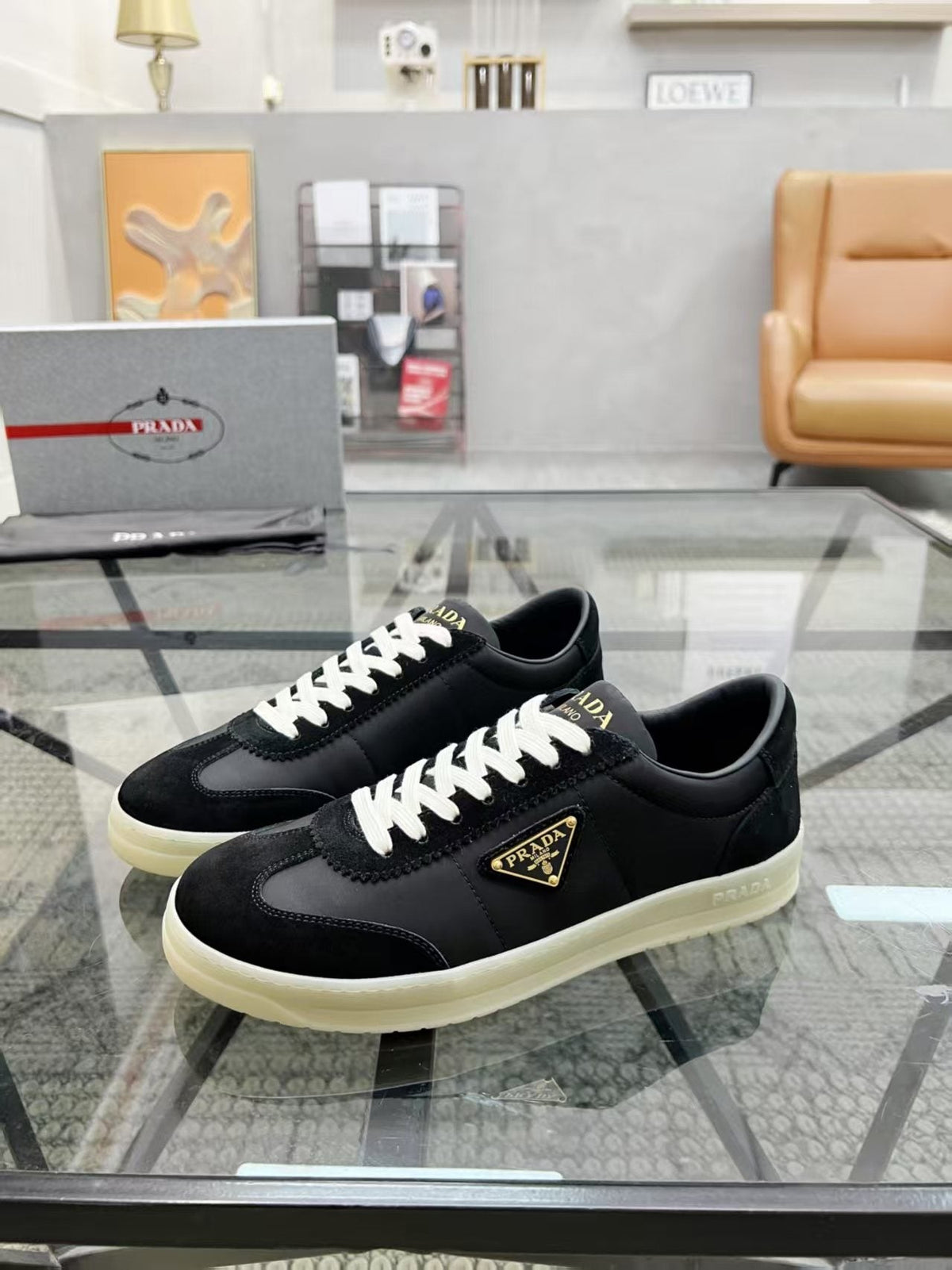Prada Men's Low-Top Leather Sneakers - Cream Rubber Sole