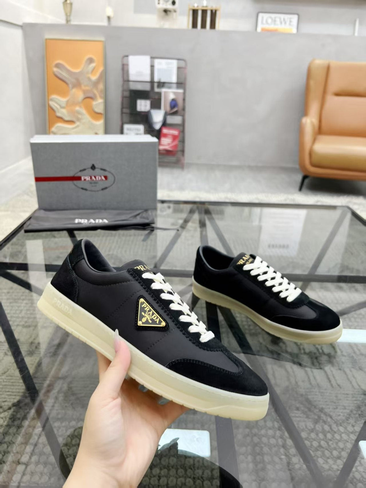 Prada Men's Low-Top Leather Sneakers - Cream Rubber Sole