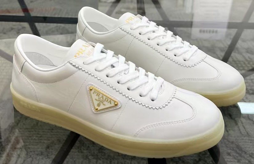 Prada Men's Low-Top Leather Sneakers - Cream Rubber Sole